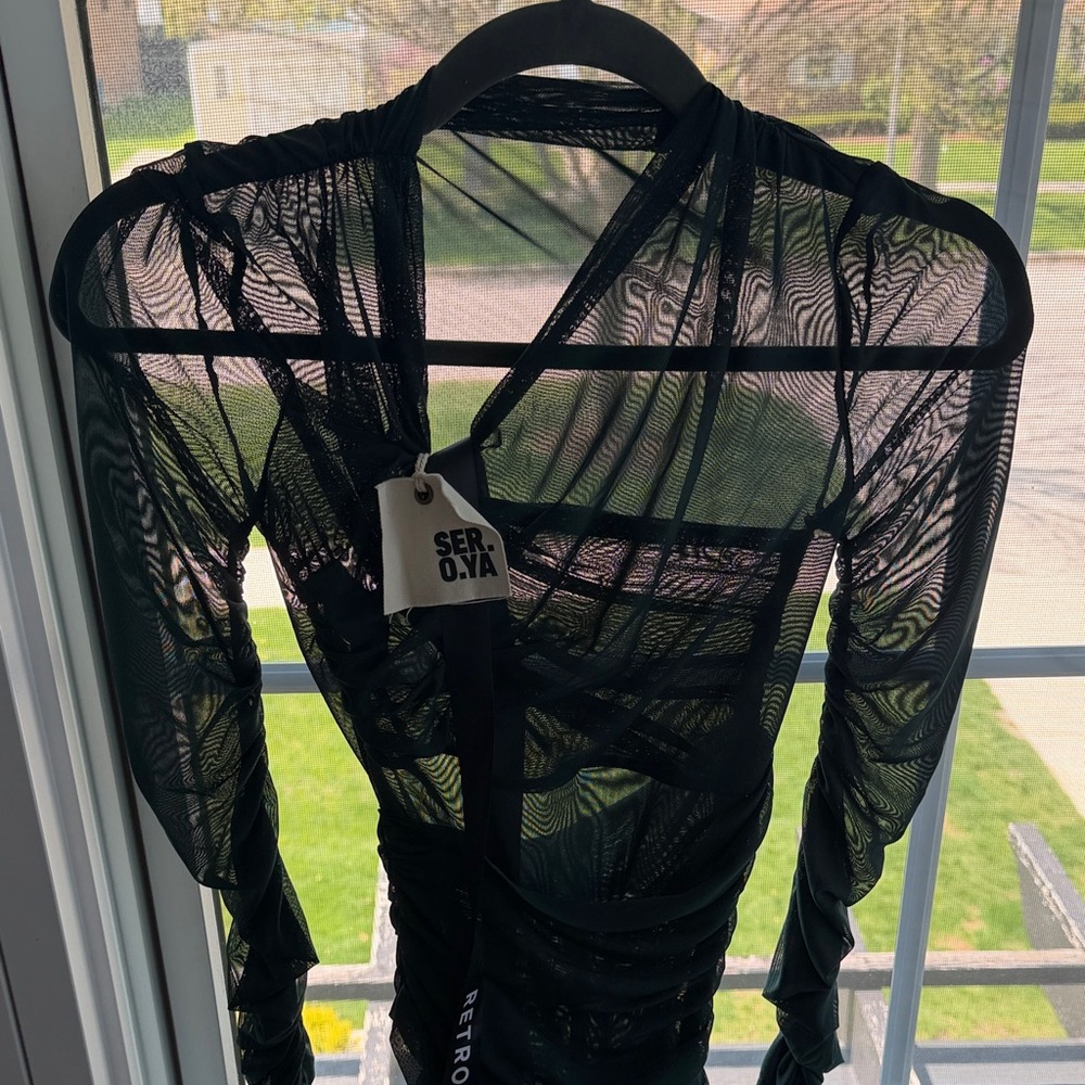 NWT Seroya Sheer Long-Sleeve Ruched Emerald Green Women’s Dress - Picture 5 of 6